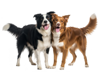 Two happy border collie dogs, black and white and brown, standing together, smiling, pets, animals, dog breeds, cute dogs, png image isolated on transparent background