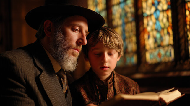 Rabbi teaching Torah to boy in synagogue.