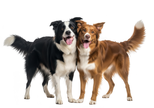 Two happy border collie dogs, black and white and brown, standing together, smiling, pets, animals, dog breeds, cute dogs, png image isolated on transparent background