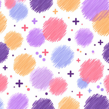 Padr&atilde;o vetorial abstrato com c&iacute;rculos e formas geom&eacute;tricas em cores pastel suaves e texturas de rabiscos.
