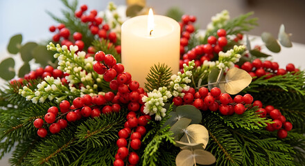 Cream candle surrounded by festive Christmas greenery and red berries