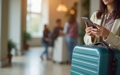 Close-up of luggage and blurred background of a happy tourist woman in a hotel after check-in. The concept of travel and vacation. She reports that she arrived safely via her smartphone. High quality