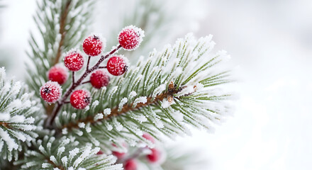 Frosted pine branch with red berries in winter snow 1