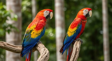 Fototapeta premium Vibrant Scarlet Macaws Perched on Branch, Tropical Avian Beauty