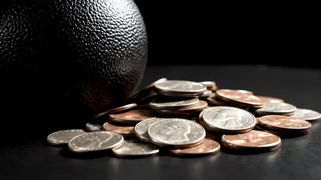 Close-up of coins scattered on dark surface. Black textured sphere adds contrast to composition. Scene evokes financial planning and investment themes.