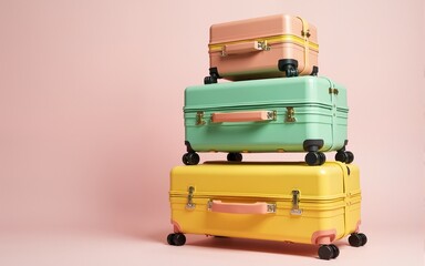 A stack of luggage with a variety of colors including pink, green, yellow. High quality