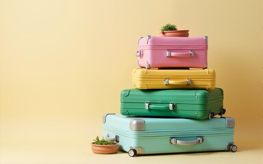 A stack of luggage with a variety of colors including pink, green, yellow. High quality