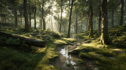 Naklejka premium 朝露煌めく光と影の神秘的森小径の描写