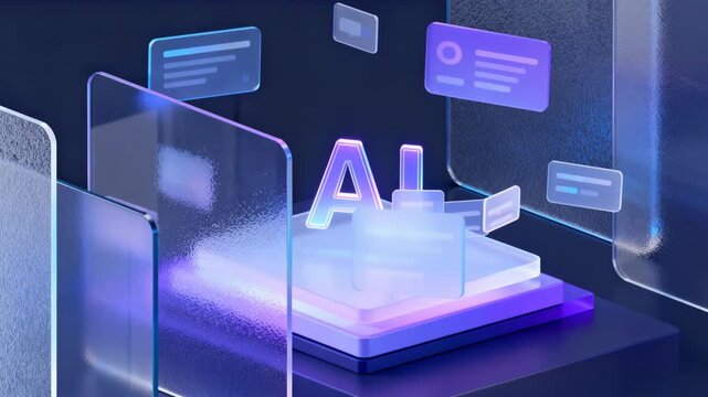 Neon AI letters glowing on a futuristic platform with floating glass panels, abstract 3D render visualizing artificial intelligence interface and data flow for technology and innovation concepts