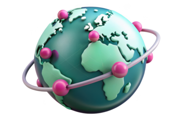 Global network 3d render, world connections, international communication, pink nodes, planet earth, global business, worldwide connectivity, isolated on transparent background