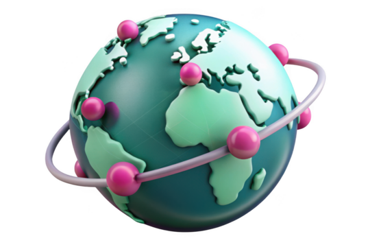Global network 3d render, world connections, international communication, pink nodes, planet earth, global business, worldwide connectivity, isolated on transparent background