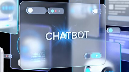 Futuristic chatbot interface with floating glass panels and glowing ui controls in blue light, digital assistant concept for customer support automation and conversational ai design - Powered by Adobe