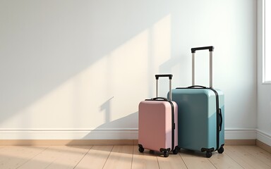 Modern suitcases on floor near light wall. Space for text. High quality