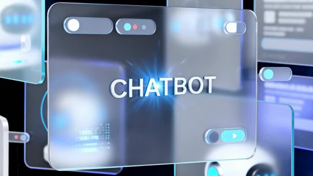 Futuristic chatbot interface with floating glass panels and glowing ui controls in blue light, digital assistant concept for customer support automation and conversational ai design - Powered by Adobe