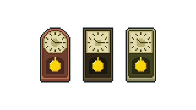 8-bit pixel art three striking clock set. looped animation 4k 30fps