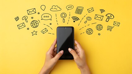 Top view of hands holding smartphone with social media doodle icons on yellow background, showcasing digital communication and online connectivity in modern life