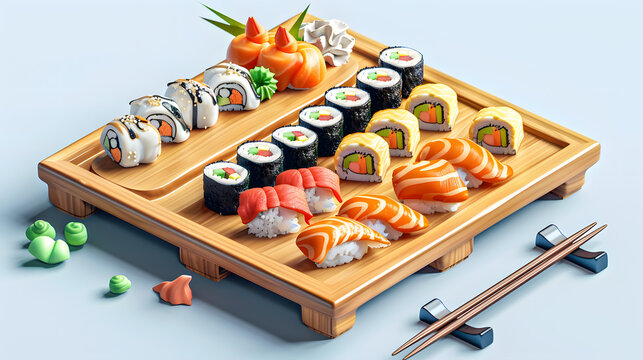 3d Isometric Sushi platter nigiri maki rolls