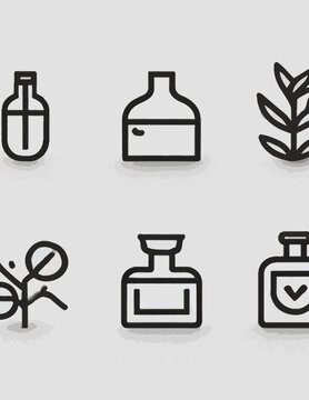Conjunto de &iacute;cones vetoriais minimalistas de frascos e plantas para ci&ecirc;ncia, cosm&eacute;ticos ou sa&uacute;de.