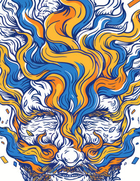 Vetor abstrato de rosto humano com chamas azuis e laranjas saindo da cabe&ccedil;a