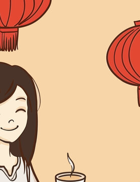 Mulher sorrindo com uma bebida quente sob lanternas chinesas vermelhas em um fundo bege.