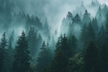 Ethereal forest landscape of towering pines shrouded in mystic fog, creating a serene and captivating scene perfect for nature lovers and travel enthusiasts