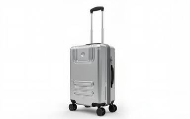 Silver metal suitcase wtih transparent background, vacation luggage in perspective view. High quality
