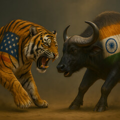 The tense relationship between the United States and India is symbolically represented by tiger and buffalo fight