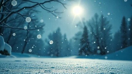 A serene winter landscape with falling snowflakes. The scene features a snowy ground, trees in the background, and a bright moon illuminating the night sky. - Powered by Adobe
