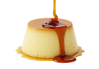 A perfectly smooth, light yellow creme caramel with a glossy dark amber caramel sauce pooling on top and elegantly dripping down, against a transparent background, concept of gourmet indulgence