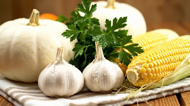 Fresh organic vegetables on kitchen table. White pumpkins, garlic bulbs, green parsley, corn cobs create vibrant healthy scene. Perfect for cooking, gardening, and healthy eating.