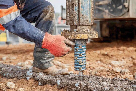 Worker operates soil compactor on construction site close up ground level eye view; vibratory plate compaction for soil stabilization and foundation preparation
