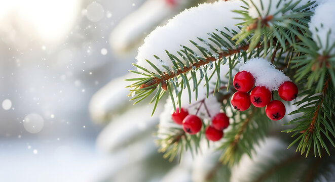Snowy pine branch with red berries and falling snow