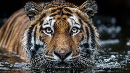 Fototapeta premium A powerful tiger stands in calm water gazing intently with striking eyes and wet fur.