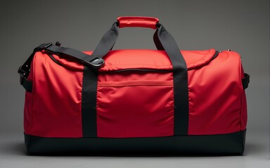 a red and black duffel bag. High quality