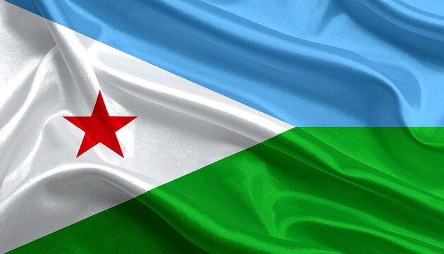 Djibouti flag with blue-green stripes, white triangle, and red star.