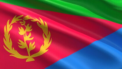 Eritrea flag with red, green, blue triangles and gold olive branch inside wreath.