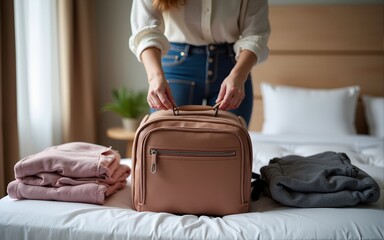 Travel suitcase, bedroom and hands of woman packing for Europe holiday, vacation or adventure tourist journey. Hospitality, hotel bed and photographer with luggage bag, clothes and camera in Madrid