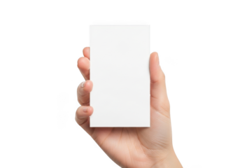 Hand holding blank white card mockup, business card template, invitation card, flyer design, isolated on transparent background