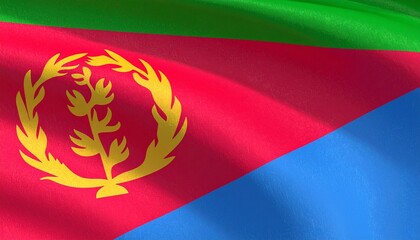 Eritrea flag with red, green, blue triangles and gold olive branch inside wreath.
