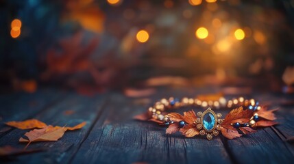 Beautiful autumn crown with leaves and blue gemstone on wooden surface