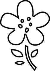 葉と茎のある満開の花のアウトライン白黒線画イラスト
