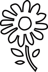 葉と茎のある満開の花のアウトライン白黒線画イラスト