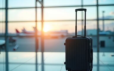 traveling luggage on airport terminal background with copy space. High quality
