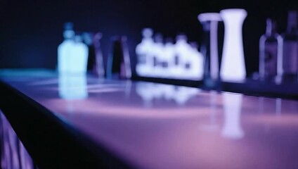 Bar Ambience: The low-light environment reveals a sleek bar setup, where bottles and glasses are thoughtfully arranged.