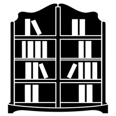 Black and white illustration of a bookshelf filled with books