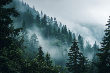 Mystical mountain forest landscape with soft fog rolling through the tall evergreen trees, a serene and atmospheric nature scene for travel inspiration