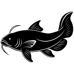 Stylized black and white silhouette of a catfish