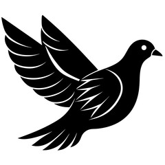Stylized black silhouette of a dove in flight with wings spread wide