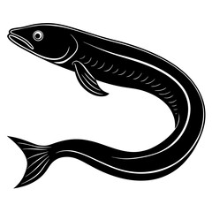 Stylized black silhouette of a long eel or fish on a white background