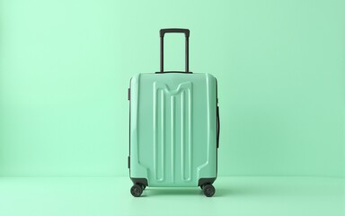 pastel green luggage for travel on light green background. High quality